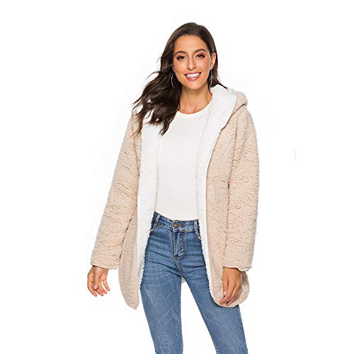 Women Casual Reversible Warm Faux Fur Shearling Shaggy Outwear Cardigan Coat with Pockets (Khaki,L)