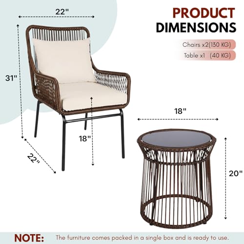 Image of DEVOKO Outdoor 3 Piece Patio Rope Chair Table Set All Weather-Resistant Cushion Handmade Furniture Perfect for Balcony, Garden, Patio, Terrace(Brown & Cream)