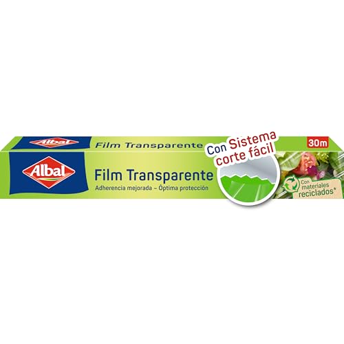 Albal Film transparente autoadherente - Papel film alimentario de corte fácil, papel de cocina transparente extra ancho para todo tipo de recipientes, con 70% materiales reciclados, 30 m x 32,5 cm