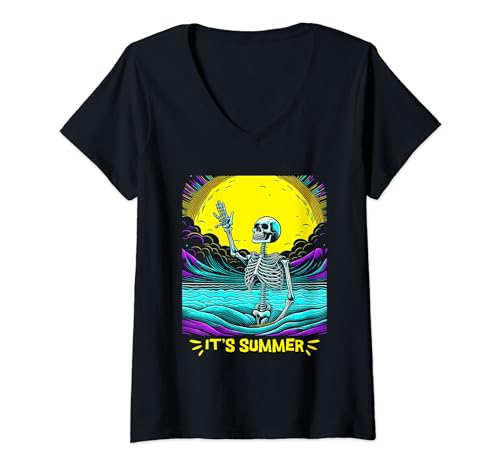 Mujer Summer Skeleton, Sun and Waves, Sunny Beach Days Graphic Tee Camiseta Cuello V