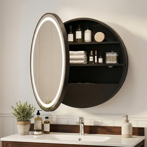 Ztexkee Armario Baño con Espejo LED iluminación y Función de Desempañado Redondo Armario Baño Espejo de Pared con Enchufe y Lupa de 10x Negro (No Requiere ensamblaje) 60x60x15 cm