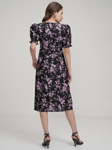 Image of Tokyo Talkies Women's Floral Midi Dress | A-line| V-Neck | Short Puff Sleeves & Playful Silhouette | Chic & Effortlessly Feminine