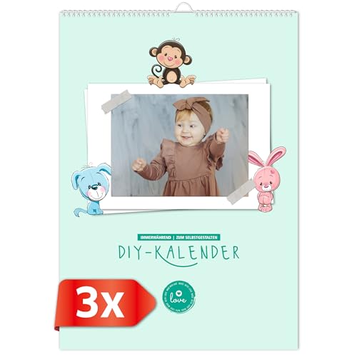 PRIMUS PRINT 3 x Fotokalender jahresneutral zum selbstgestalten - Bastelkalender - Fotos Bilder einkleben - A4 - persönliches Geschenk - Tierhintergrund (Tiermotiv 3er Set)