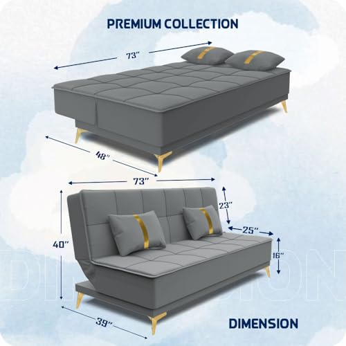 Image of Adorn India Premium New Alyssum 3 Seater Sofa Cum Bed 4X6 Velvet Suede with 2 Cushions (Color Grey) and Suitable for All Indoor, with 3 Years Warranty