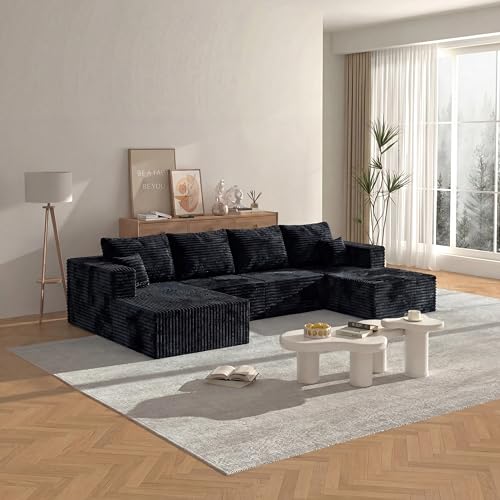 Image of 138 inch Modern Modular Sectional Sofa, U-Shaped Cloud Couch, Soft Corduroy Boneless Couch with 3060 High Rebound Memory Foam, Sectional Couches for Living Room-Black(Left Facing Chaise)