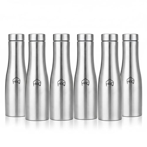 Image of House of Quirk 1 Litre Stainless Steel Water Bottle Pack of 6 - Single Wall Lightweight Sports & Fridge Bottle with Sipper Cap, Reusable Leak Resistant for Gym, Office, Travel & School (Silver)