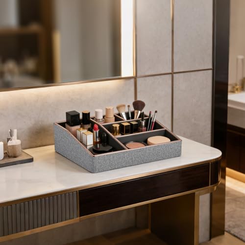 Image of PU Leather Makeup Organizer Tray,Large Vanity Organizer,Cosmetic Storage Box for Lipstick Brushes Skincare Perfume,Cosmetic Display Case Rose Gold-trimmed for Dresser,Bathroom Countertop(Grey)