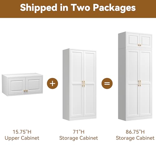 Image of Polup Kitchen Pantry Cabinet, 86 Inch Tall Metal Storage Cabinet, Food Pantry cabinets with Doors and Shelves, White Storage Cabinets for Living Room, Dining, Office, Bathroom, Assembly Required