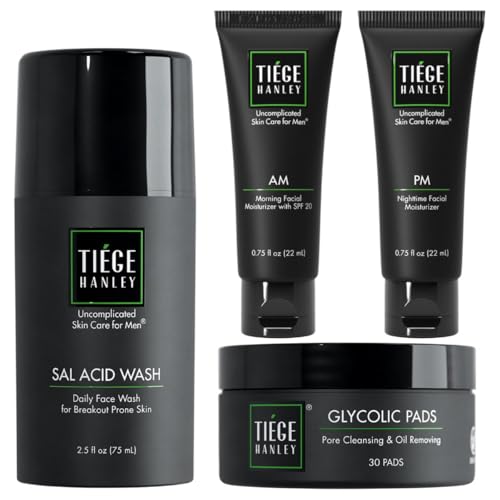 Tiege Hanley Skin Care Set for Men, Essential Routine for Oily & Combination Skin, Level 1 System With Salicylic Acid Face Wash, Glycolic Pads, AM SPF & PM Moisturizers, Men’s Skin Care, 4 Piece Kit