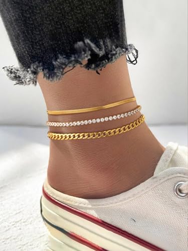 Image of FindChic Black /Silver /Gold Plated Anklets Set of 2PCS /3PCS Herringbone Chain Cuban Link Heart Charm Sparkling Tennis Ankle Bracelets, Waterproof Summer Foot Jewelry for Beach