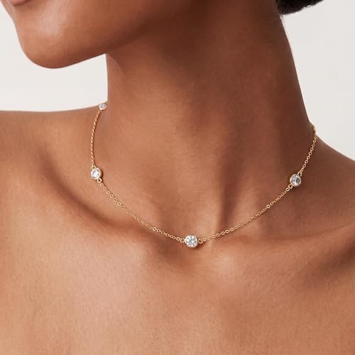Image of Tewiky Dainty 14k Gold Plated /Silver Cubic Zirconia Necklaces for Women, Simple CZ Jewelry Necklaces Trendy Gifts