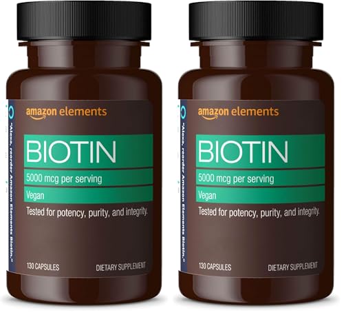 Amazon Elements Vegan Biotin 5000 mcg - Hair, Skin, Nails, 130 Ca...
