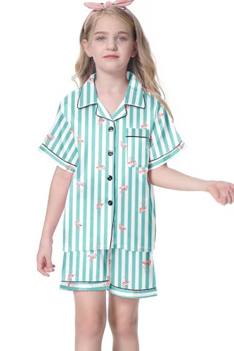 Image of Umeyda Women & Girls Pajamas Set, 2 Piece PJS Satin Silk Sleepwear Button-Down Top with Shorts for Mom Kids Gifts