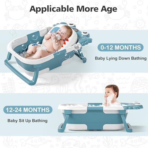 Image of Collapsible Baby Bathtub for Newborns with Thermometer and Soft Floating Cushion Portable and Foldable Travel Baby Girl Bath Tub for Infants to Toddler 0-36 Month (Blue)