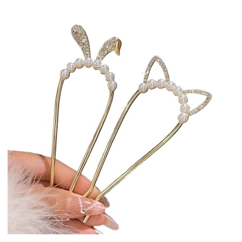 Épingle à cheveux oreille de chat style ancien chinois en perle et strass en U