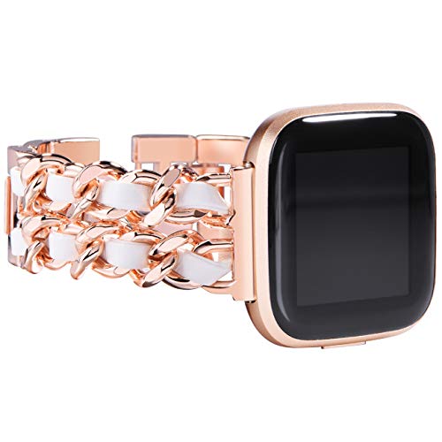 NewWays Compatible for Fitbit Versa 2 Bands for Women, Dressy Bracelet Compatible for Fitbit Versa/Fitbit Versa 2/ Fitbit Versa SE Smart Watch, Rose Gold Link with White Leather