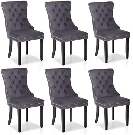 MAISON ARTS Velvet Tufted Dining Chairs Set of 6, Upholstered Dining Room Chairs with Ring Pull Trim & Button Back Modern Dinner Chairs with Solid Wood Legs for Kitchen Dining Room (Grey, 6pcs)