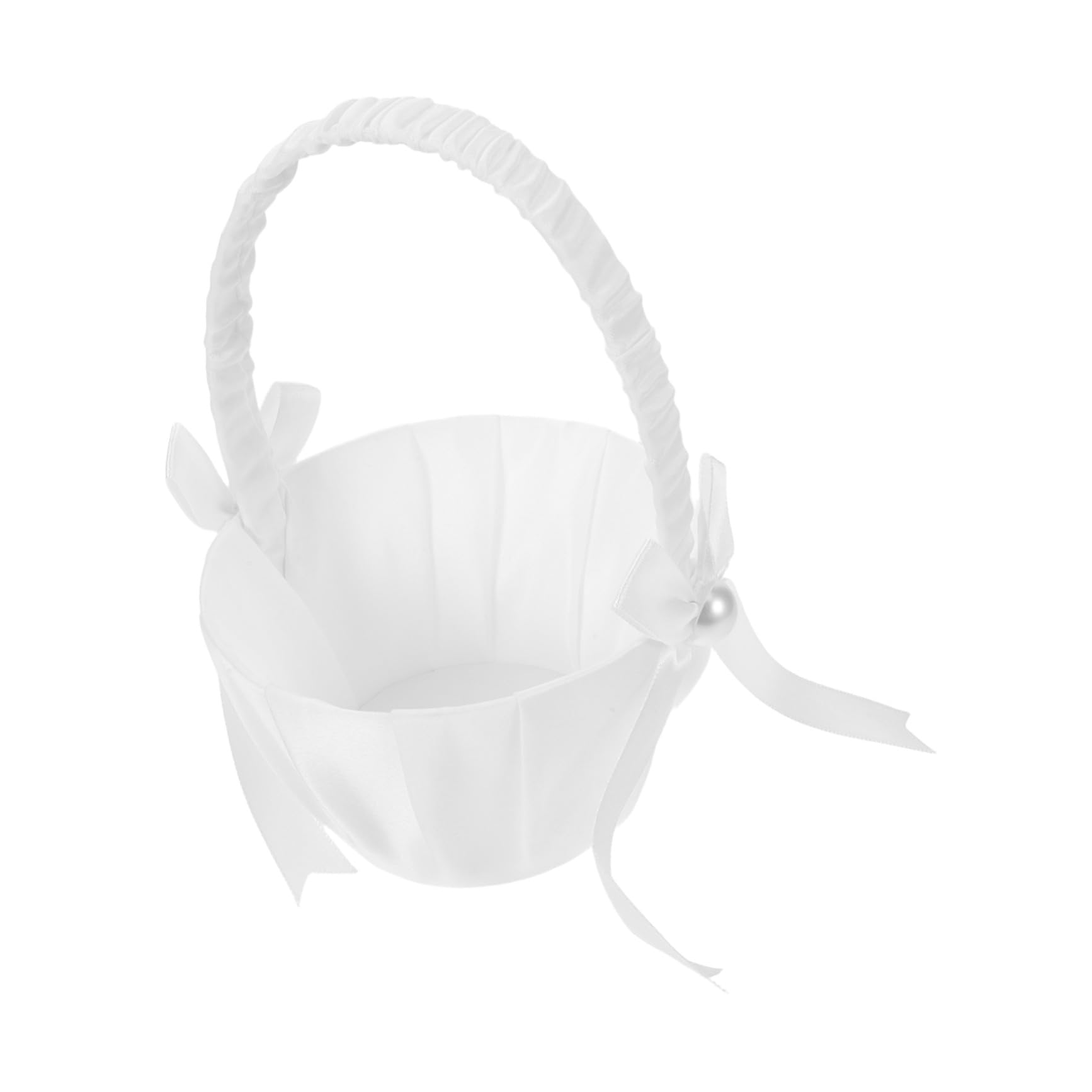 Weißer Blumenmädchenkorb aus Satin mit Perlen, Hochzeit | Schleife, Sicherer Griff, für Blüten oder Sträuße, 4 Stück, Dekorativ für Zeremonien