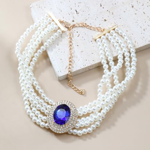 Women Multilayer 1920s Green Blue Silver Rhinestone Necklaces Dainty Pearls Layered Choker Necklaces Fashion Chunky Pearls Pendant Multilayer Adjustable Layering Necklaces for Women4