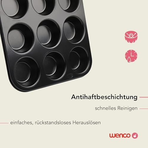Foto von wenco Muffinform 12er – antihaft Backblech / Spülmaschinengeeignet / Karbonstahl – Muffinblech für 12 Muffin – Hitzebeständig bis 220°C, nur wenig Fett oder Butter zum Backen benötigt