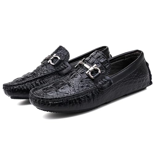Men's Crocodile Pattern Leather Loafers Slip-on Driving Walking Moccasins with Metal Buckle Business Casual Fashion Wedding Dress Boat Shoes