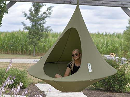 Image of Double Cacoon Hanging Chair for Two - Cozy Indoor /Outdoor Hammock with Polyester Canvas, 440 lb Capacity, Includes 18ft Rope & Carabiner (Khaki)