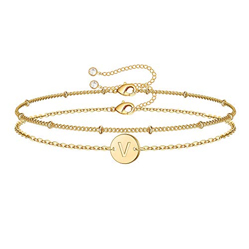 MONOZO Initial Bracelets for Women Jewelry Gifts, Dainty 14K Gold Filled V letter Initial Bracelet Personalized Disc Monogram Charm Bracelet Jewelry Gifts for Women Bridesmaids