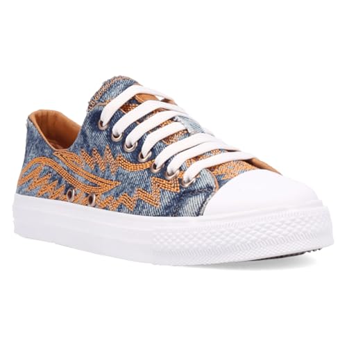 Dingo Womens Campus Embroidered Lace Up Sneakers Shoes Casual - Blue, Brown2