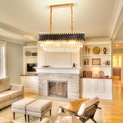 Image of Luxurious 800X300mm Black Gold Modern Chandelier with K9 Crystals | Warm White, Moonlight & Golden Light | Ceiling Hanging Light for Living Room, Dining Room, Bedroom, Hallway