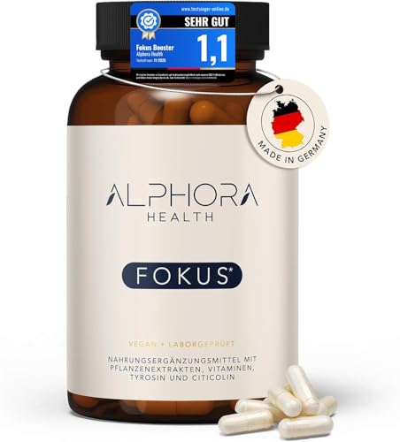 Alphora Health® Fokus-Booster 90 Kapseln – L-Theanin, L-Tyrosin, Ginseng, Guarana & B-Vitamine – Konzentration, Energie & Fokus - 100% pflanzlich - hochdosiert - made in Germany