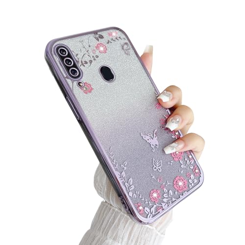 Image of for Samsung Galaxy A20S Case,Galaxy A20S Case for Women Gradual Change Glitter Crystal Soft TPU Stylish Butterfly Floral Heart Clear Protective Cover with Strap for Galaxy A20S (Purple)