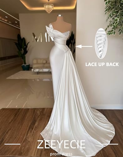 Zeeyecie Strapless Beaded Prom Dresses for Women 2025 Satin Mermaid Ruched Long Evening Formal Ball Gowns with Train2