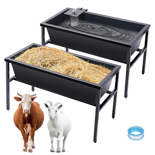 KHEARPSL 2pcs Livestock Feeder and Water Trough with Auto-Fill Float Valve Stainless Steel Goat Feeder Horse Trough Automatic Waterer for Goat, Sheep, Horse, Pig, Cattle, Large Dog Water Dispenser