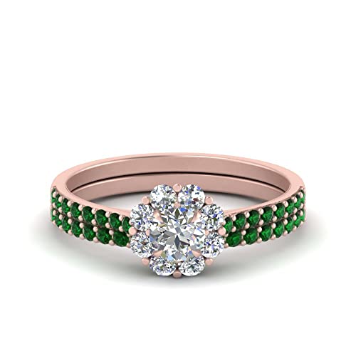 Ensemble de bagues de mariée halo de fleurs en or rose et pierre au choix du 47 au 70