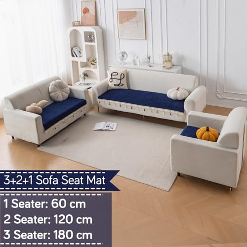 Image of HOKIPO 'Serenity Tassel' Chenille Sofa Cover 6 Seater Set with Tassels - Washable 3+2+1 Sofa Cover Mat | Sapphire Navy (IN-890 + IN-891 + IN-892 - NBL)