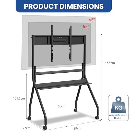 Image of 55 inch - 65 inch Mobile Stand for Smart Board or LCD Monitor Black | 150 Pound Weight Capacity, Four Lockable Roller, WheelsStable and Easy to Move, Multi-Functional Shelves