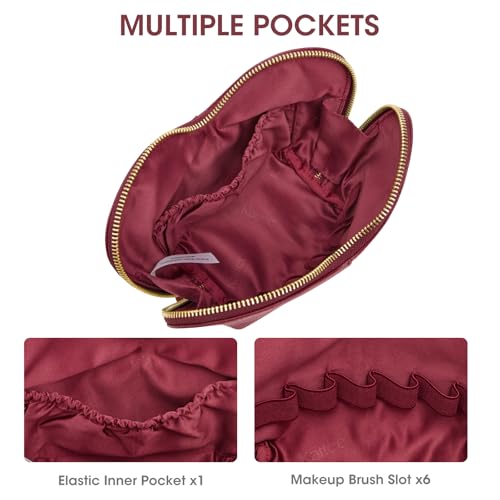 Kattee Leather Makeup Bag, Travel Large capacity Comestic Bag for Women, Heart Shaped Portable Organizer Toiletry Bag for Working,Wine Red4