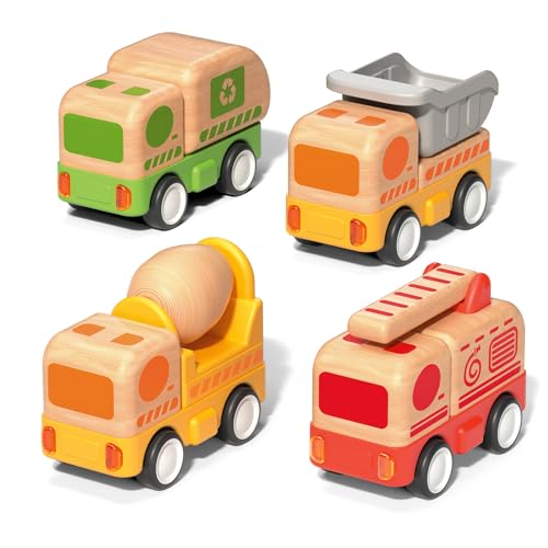 Wanborns 4 PCS Holzauto-Spielzeug-Set, Feuerwehrauto, Grabungs-LKW, Kipplaster und Zementmischer-LKW