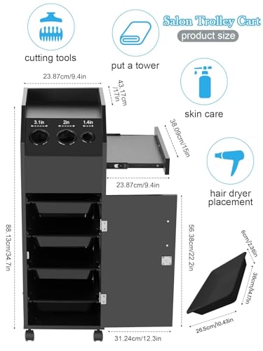 عربة صالون تجميل متحركة من كالولاري، عربة تخزين لصالون الشعر مع عجلات وصناديق قابلة للقفل وحامل مجفف الشعر وصينية جانبية لصالون الحلاقة والتاتو ومحطة تصفيف الشعر، باللون الأسود