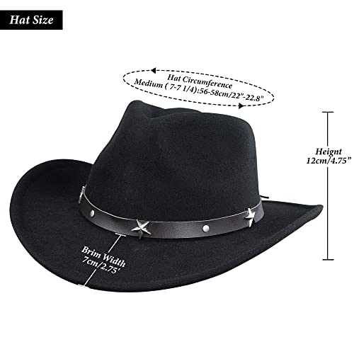 Classic Cowboy Hat for Women and Men Western Style Wide Brim Fedora Hat with Strap (Size:7 1/8-7 1/4)