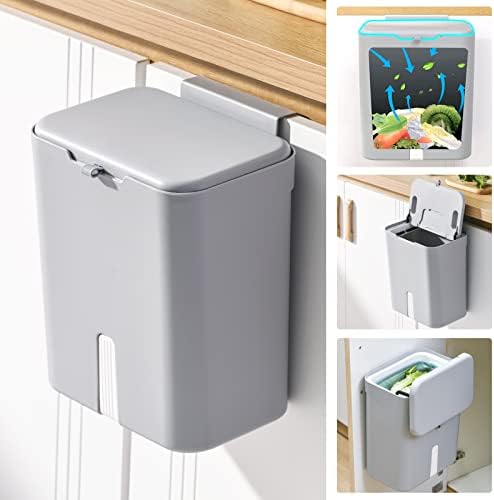 Tiyafuro Upgraded Hanging Trash Can with Lid, 2.4 Gallon Kitchen Compost Bin for Cabinet and Under Sink, Wall-Mounted Indoor Trash Bin for Bathroom Bedroom Office, Waste Bin