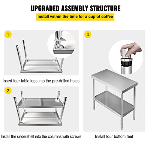 Vevor Stainless Steel Prep Table, 48 X 18 X 34 Inch, 550Lbs Load Capacity Heavy Duty Metal Worktable With Adjustable Undershelf, Commercial Workstation For Kitchen Restaurant Garage Backyard #TOP6