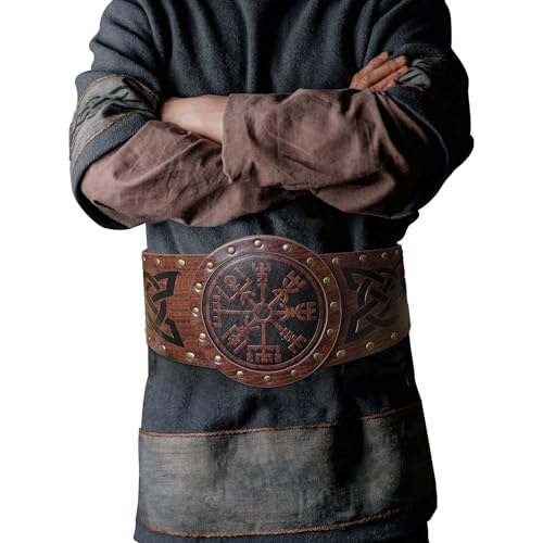 HiiFeuer Viking Embossed Wide Belt, Nordic Faux Leather Armor Belt Knight Corset Belt, LARP Costume (Brown A)
