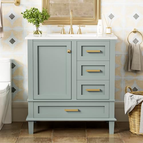 Merax Sage Green Bathroom Vanity with Single Sink, 30 inch Solid Wood Bathroom Vanity with Ceramic Sink Combo Set, Soft Closing Door and 3 Drawers
