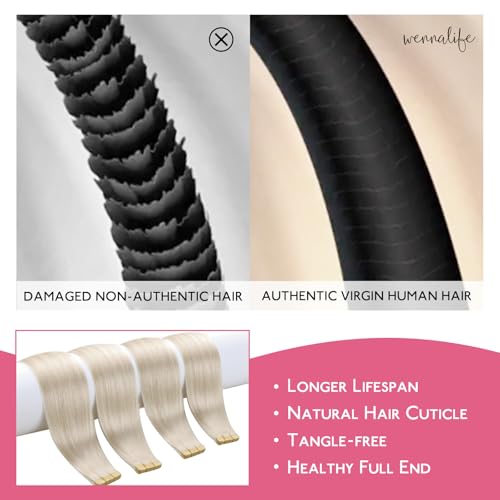 Image of WENNALIFE Tape in Hair Extensions Human Hair Platinum Blonde Tape in Extensions, 10pcs 30g 20 inch Remy Invisible Tape Ins Straight Soft Real Human Hair Tape in Extensions Refill Set Extensions