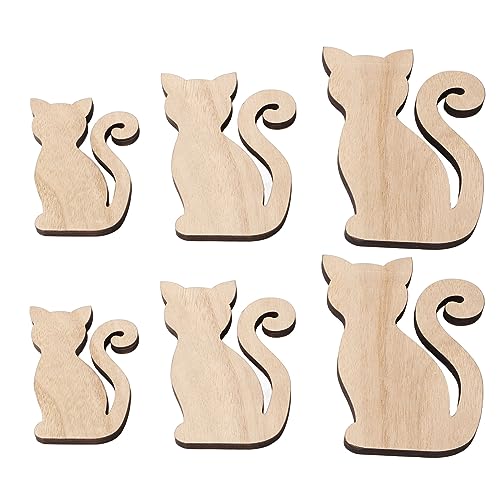 Emoshayoga Recortes de madeira para gatos, 6 peças de madeira para decoração de casa, cortes de gatos de madeira sem acabamento para artesanato DIY, decorações para festas de animais de estimação