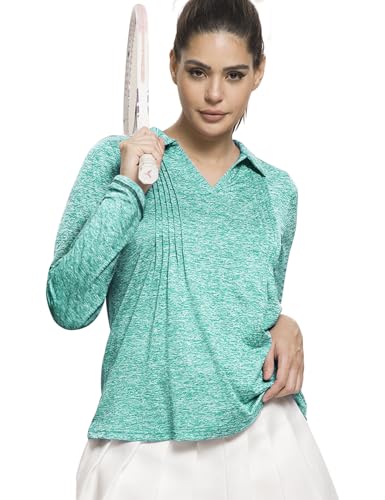 MISS FORTUNE Golf Polo Shirts for Women Long Sleeve Loose Fit V Neck Front Pleated Casual Work Quick Dry Shirt Green XXL