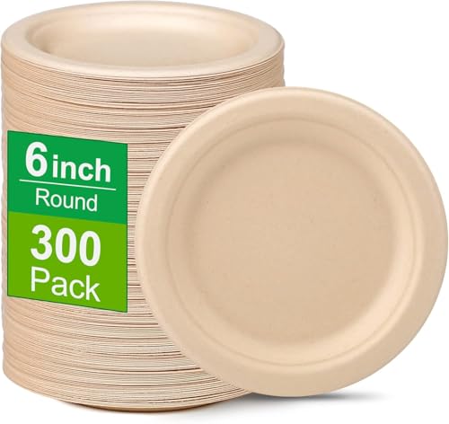6 Inch Paper Plates 300 Pack - 100% Compostable Disposable Paper Plates, Heavy Duty Dessert Plates, Biodegradable Sugarcane Plates for Party (Microwavable, Oil/Water Proof, Eco-Friendly, Brown)