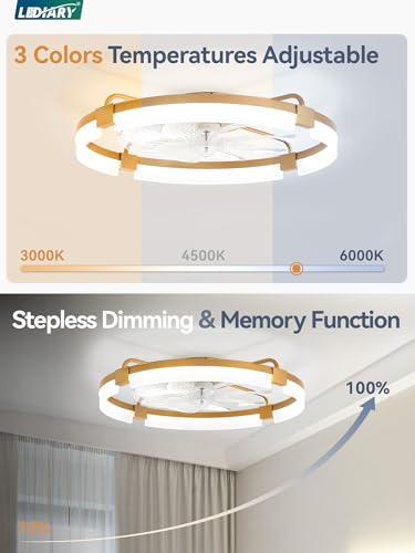 Image of LEDIARY 24 inch Ceiling Fans with Lights and Remote, Modern Low Profile Ceiling Fan, 3 CCT, Stepless Dimmable, Fandelier Flush Mount Fan Light, 6 Speeds, DC Motor, App & Remote Control for Bedroom(Gold)