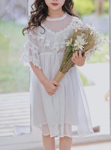 New 3-15Years Girls White Lace Dress Flutter Sleeve Vintage Boho Style Flower Girl Wedding Party Special Occasion2